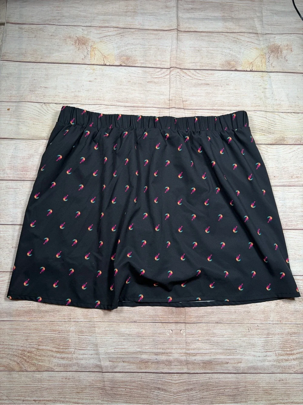 croft & barrow Black Mini Skirt with Pink & Orange Bird All Over Print